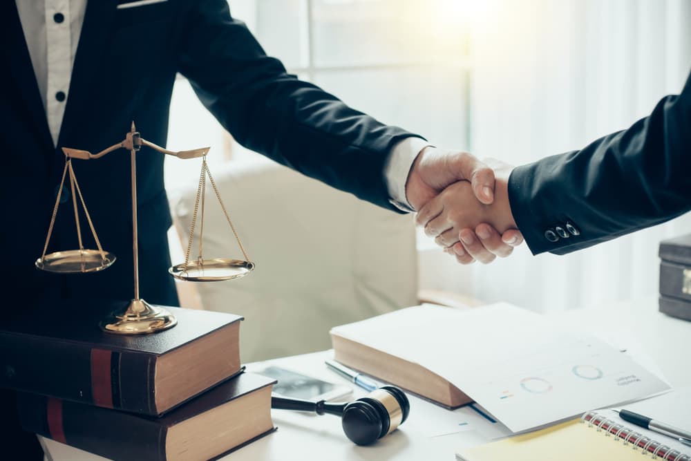Two professionals, a businessman and a lawyer, shake hands in agreement.